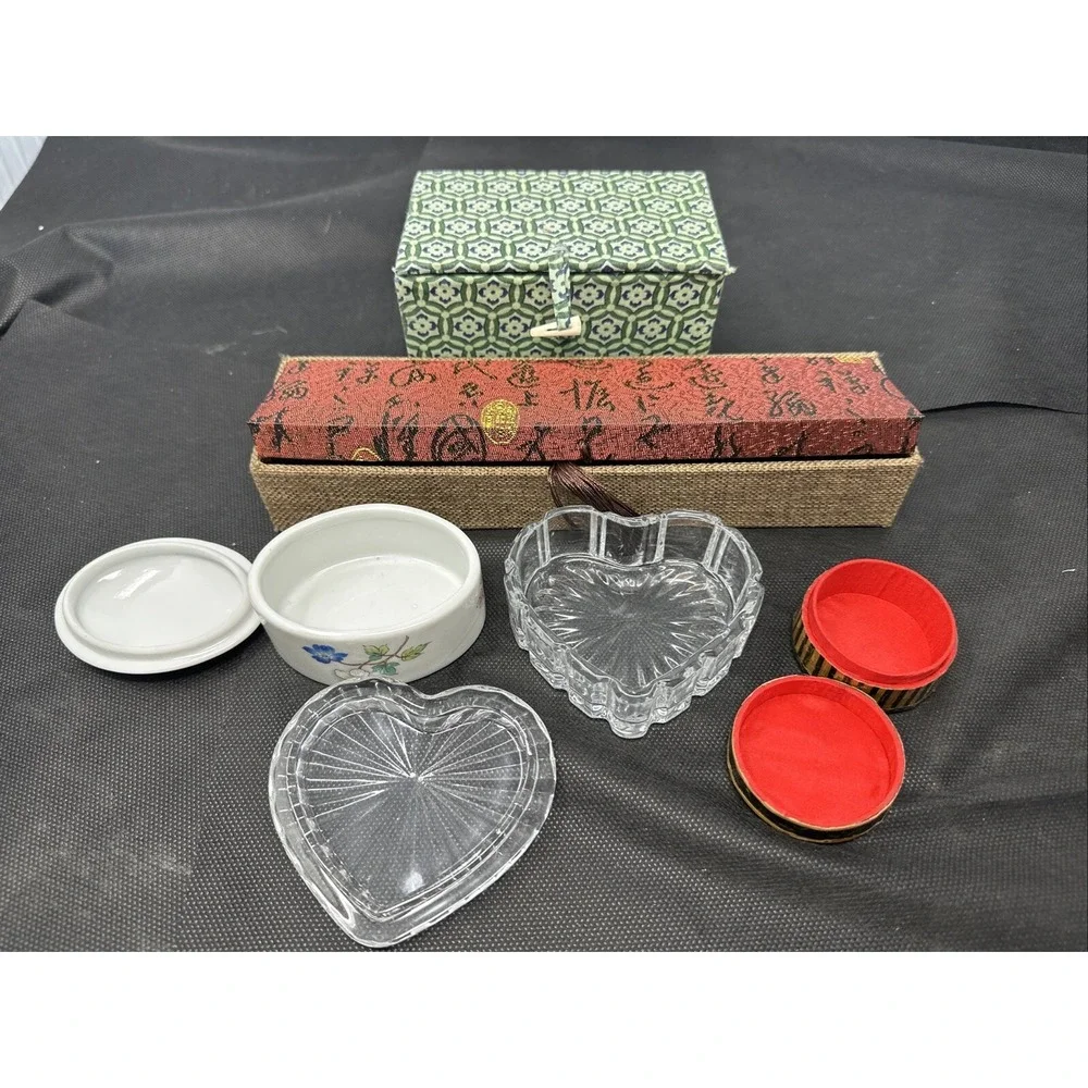 Lot Of 5 Trinket Boxes Glass Heart, Wood Box, Toscany Ceramic, Asian Cloth